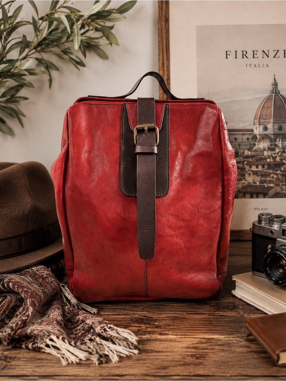 CHIARUGI Italian Red Leather Backpack Travel Bag Daypack Old Tuscany Red Leather